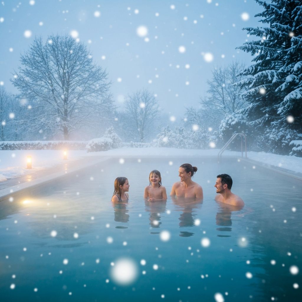 Família aproveitando piscina aquecida no inverno